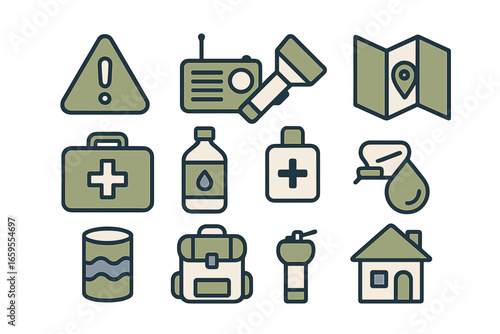 Emergency Preparedness Kit Icons, Minimalist flat design