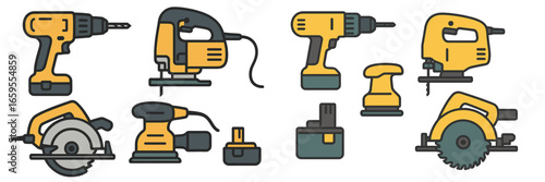 Power Tools and Batteries Collection, Minimalist flat design