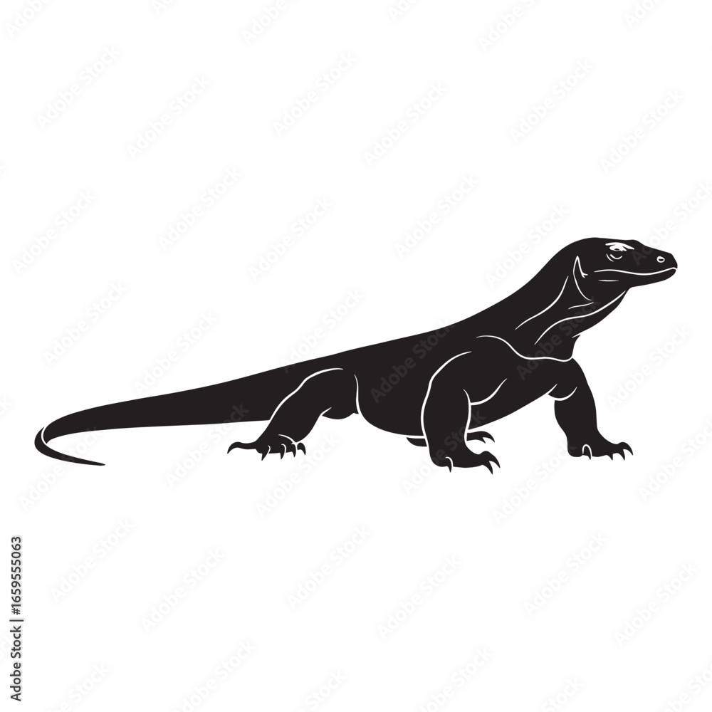Obraz premium Minimalist Komodo Dragon Silhouette Highlighting Reptile Precision – Komodo Dragon Vector Design – Black Vector of Komodo Dragon