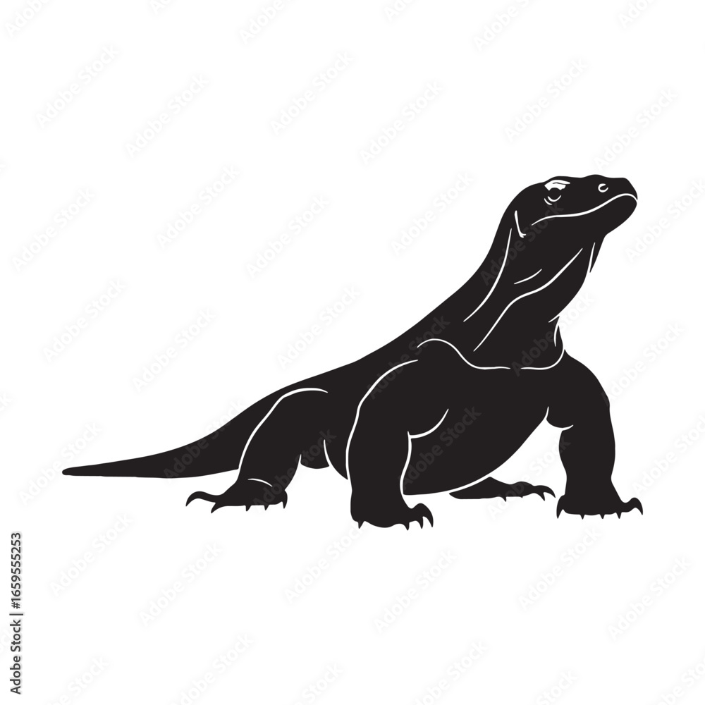 Obraz premium Smooth Komodo Dragon Silhouette Featuring Famous Forked Tongue Detail – Komodo Dragon Illustration – Silhouette of Komodo Dragon