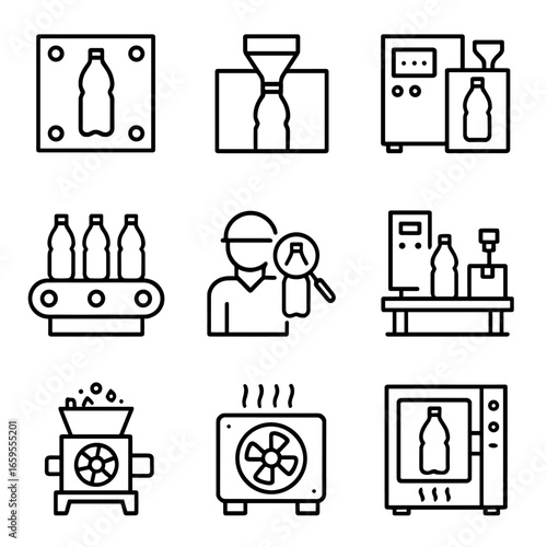 Pet Industry Icon Set. Outline icon set of PET industry equipment: injection mold, extrusion die, blow molding machine, conveyor