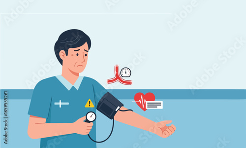 Illustration Of Man Using Blood Pressure Device Suitable For Healthcare Awareness, Clinical Posters, And Health Campaigns