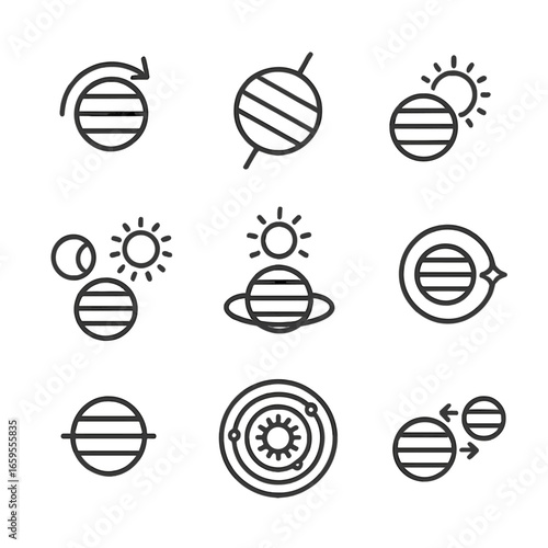 Planetary Motion Icons. Outline icon set of planetary movement: axial rotation, tilt axis, revolution around the Sun, day and