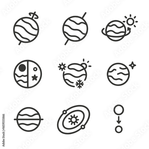 Planetary Motion Icons. Outline icon set of planetary movement: axial rotation, tilt axis, revolution around the Sun, day and