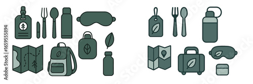 Travel and Outdoor Gear Icons, Minimalist flat design