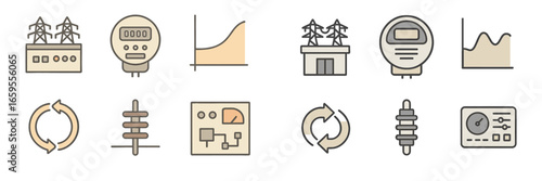 Energy industry icons: power station, meters, graphs
