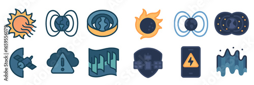 Space Weather and Earth Magnetosphere Icons, Minimalist flat design