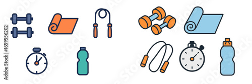 Fitness equipment collection with weights, mats, and hydration tools