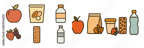 Healthy food vector illustration with fruits and snacks for kids