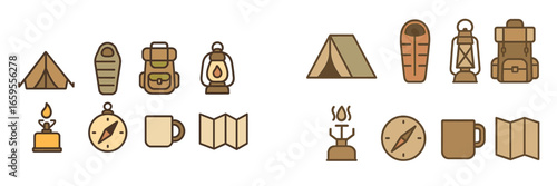 Camping gear collection with tents, backpacks, and camping accessories
