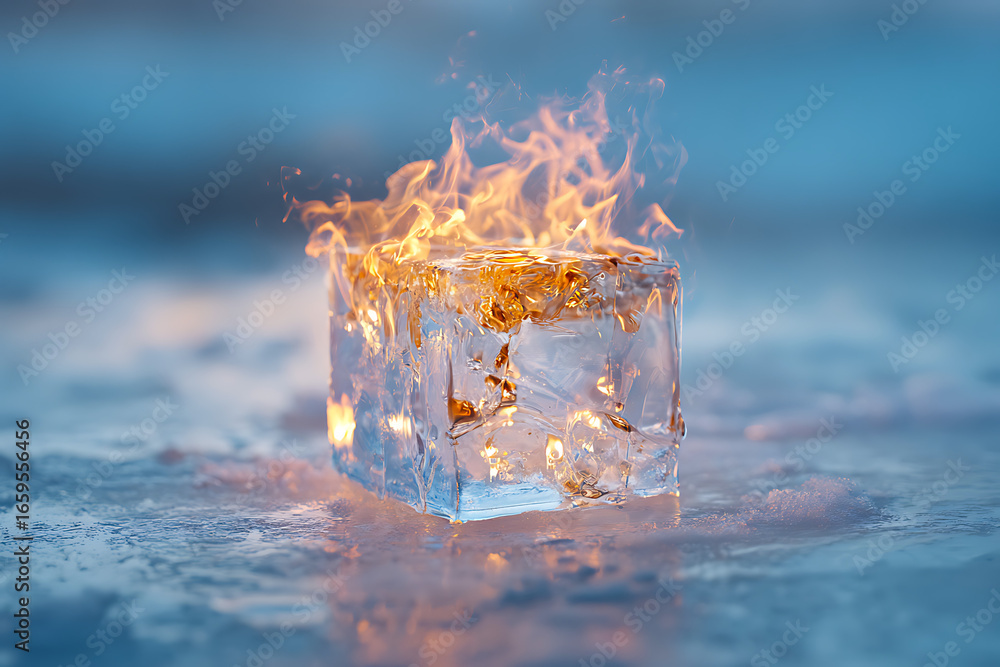 Naklejka premium Discover the captivating contrast of fire dancing atop a melting ice cube, an eye catching balance of opposing forces, nature's thrilling paradox