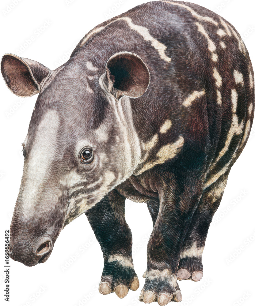 Obraz premium Close-up of a south american tapir with its distinctive striping and short proboscis Watercolor PNG