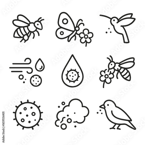 Pollen Transport Icons. Outline icon set of pollen transport: bee carrying pollen, butterfly with pollen, hummingbird feeding,