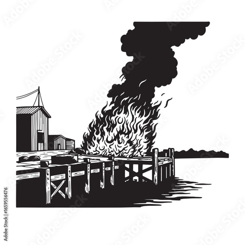 Vintage illustration of a fire on a wooden pier with buildings and dark smoke in the sky