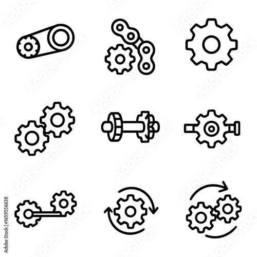 Power Transmission Icons. Outline icon set of gear and power transmission: belt gear, chain gear, cogwheel, gear coupling, shaft