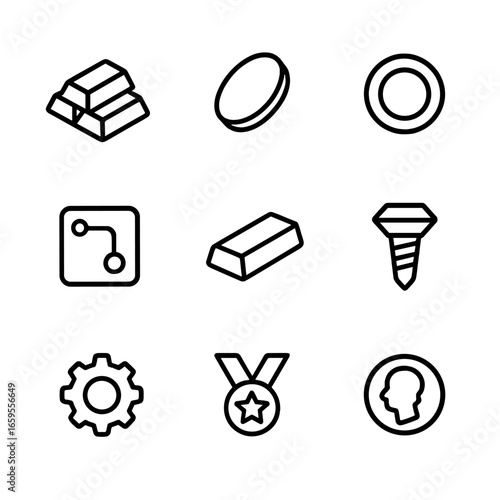 Precious Metal Icons. Outline icon set of precious metals: gold, silver, platinum, copper, palladium, titanium, brass, bronze,