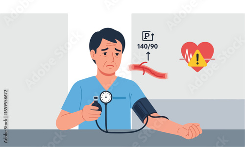 Illustration Of Man Checking High Blood Pressure Suitable For Clinical Posters, Health Awareness, And Medical Campaigns
