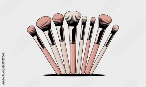 Collection of makeup brushes with light pink handles and soft bristles in a fan arrangement on a neutral backdrop