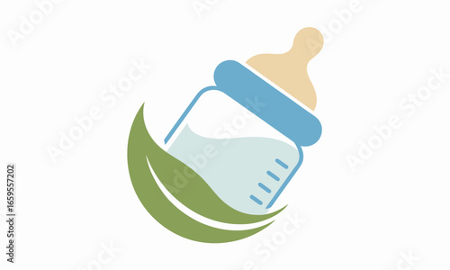 Eco-Friendly Baby Bottle Vector Illustration with Green Leaf Design for Natural Baby Care Products and Sustainable Parenting