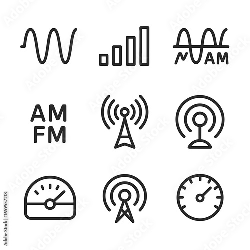 Radio Frequency Icons. Outline icon set of radio frequency and signals: frequency waves, signal bars, modulation, AM/FM, antenna,