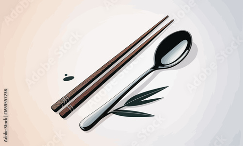 Elegant Korean dining utensils featuring traditional chopsticks and a spoon in a minimalist style illustration