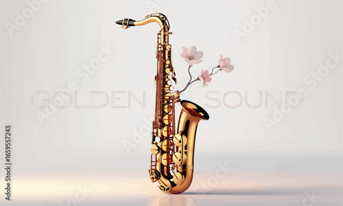 Elegant golden saxophone with delicate blossoms evoking musical harmony and artistic expression, a fusion of sound and beauty
