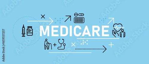 Medicare banner graphic illustration icons representing healthcare elderly care and medical treatment health insurance senior care services or medical support programs