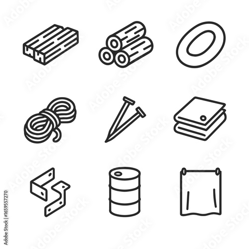 Raft Materials Icons. Outline icon set of raft materials: wood planks, logs, inflatable tubes, ropes, nails, tarps, metal brackets