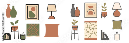 Modern interior decor elements featuring vases plants and artwork