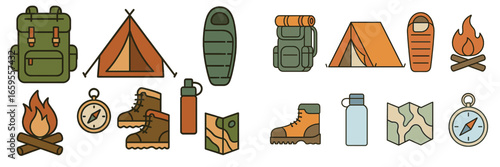 Outdoor camping gear collection with tents, backpacks, and essentials