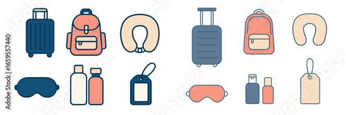 Travel accessories collection featuring bags, neck pillows, and tags