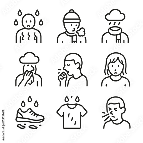 Rain Health Icons. Outline icon set of rain in health: dampness, cold, flu, congestion, cough, wet hair, allergies, damp shoes,