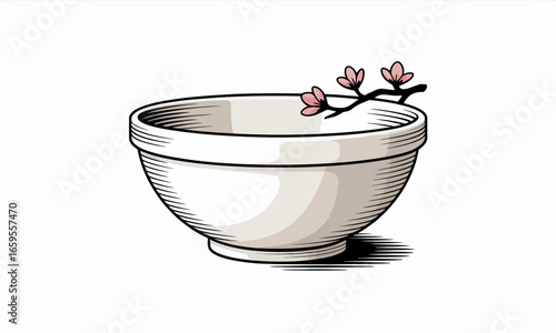 Illustration of a bowl with flowers, detailed shading and artistic style, offering a serene and calming visual appeal with traditional design elements