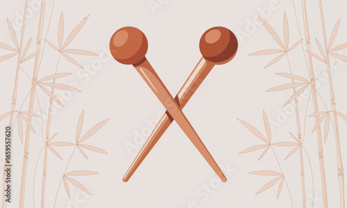Illustration of crossed wooden hairpins with bamboo background creates an elegant and oriental aesthetic, perfect for decorative and design projects