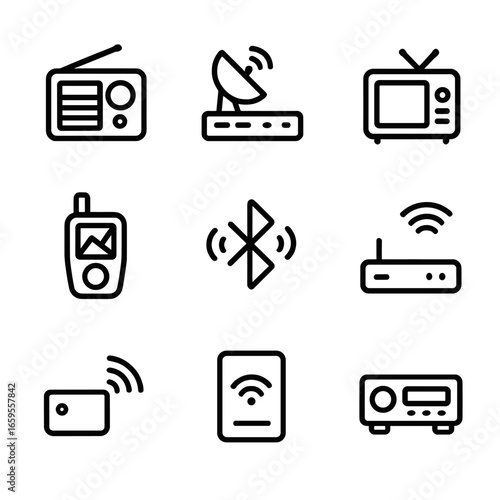 Receiver Icon Grid. Outline icon set of receiver types: radio receiver, satellite receiver, TV tuner, GPS receiver, Bluetooth