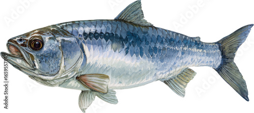Detailed close-up of a silver fish with blue hues and intricate scales against a dark backdrop Watercolor PNG