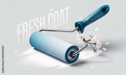 Paint roller with fresh spring blossoms illustration for home renovation and decoration projects, creating a vibrant and renewed atmosphere in interior design