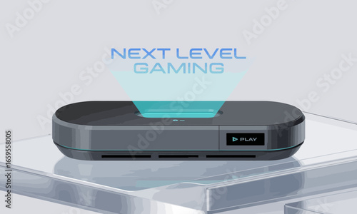 Sleek gaming console projecting 'Next Level Gaming' on a clear surface, futuristic design and modern technology, ideal for showcasing innovation and entertainment