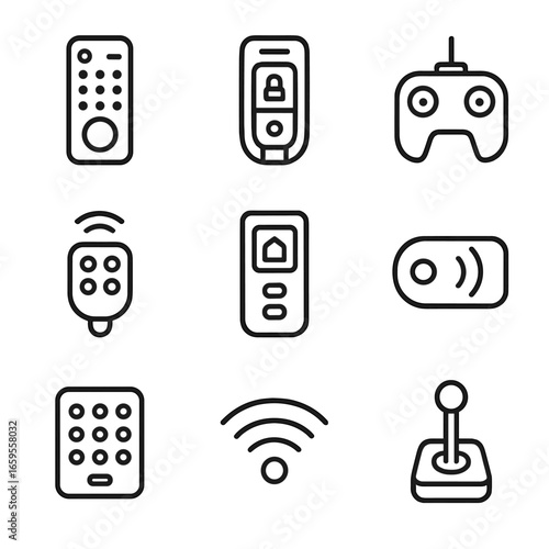 Remote Control Icons. Outline icon set of remote control transmitters: TV remote, car key fob, drone controller, garage opener,