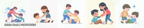 Cartoon Style Children Helping Hand Friendship and Kindness Relationship Illustration Set