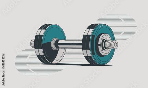 Vector illustration depicting a dumbbell with teal and gray weights, creating a dynamic sense of motion and strength for fitness enthusiasts and athletes alike