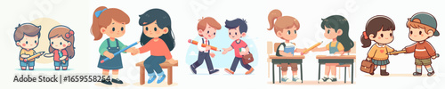 Cute Cartoon Style Kids Students Exchanging Object with Friend Illustration
