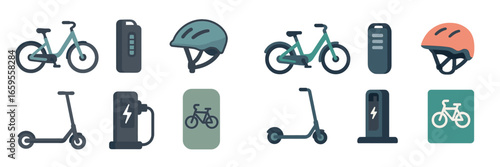 Variety of electric bikes and helmets for eco-friendly transport