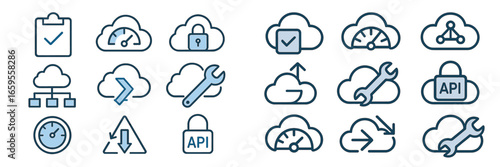 Cloud computing icons representing various services and tools