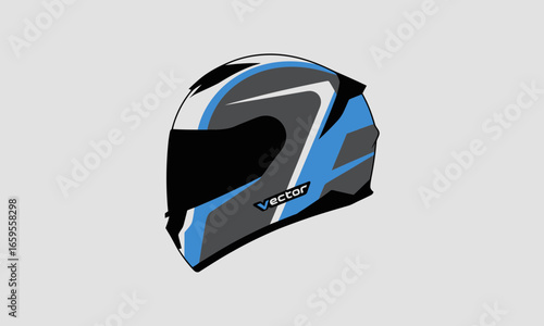 Vector illustration of a full face motorcycle helmet with blue and gray accents on a gray background for safety and design