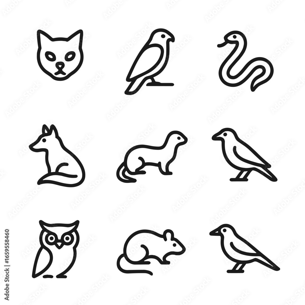 Fototapeta premium Robin Predators Icon Set. Outline icon set of robin predators: cat, hawk, snake, fox, weasel, crow, owl, rat, magpie. Line icons