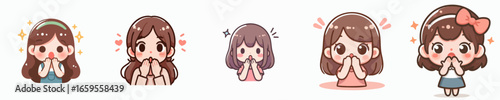 Kawaii Style Cute Girl Character Set with Surprised Expression Illustration