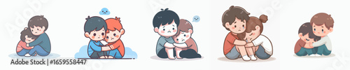 Cute Cartoon Style Little Boy and Girl Hugging Illustration
