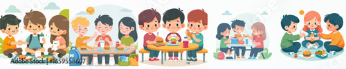 Cartoon Style Group of Children Enjoying Lunchtime Together Illustration Asset