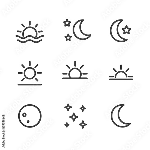 Roosting Time Icons. Outline icon set of roosting times: sunset, night sky, moon, stars, dawn, twilight, daybreak, dusk, midnight.
